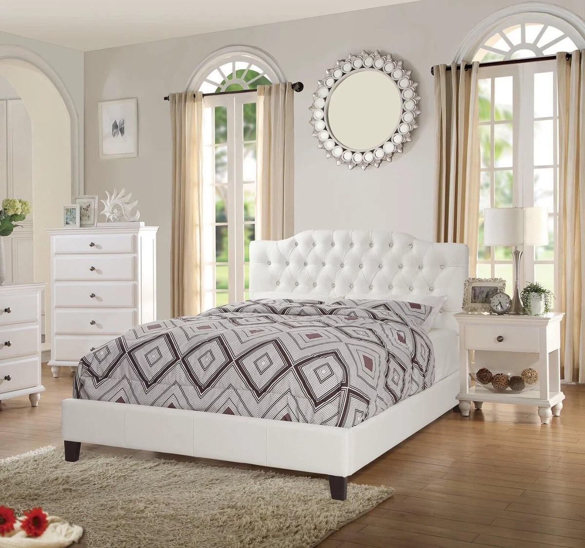 King Size Bed with 2 Nightstands White Faux Leather I7495