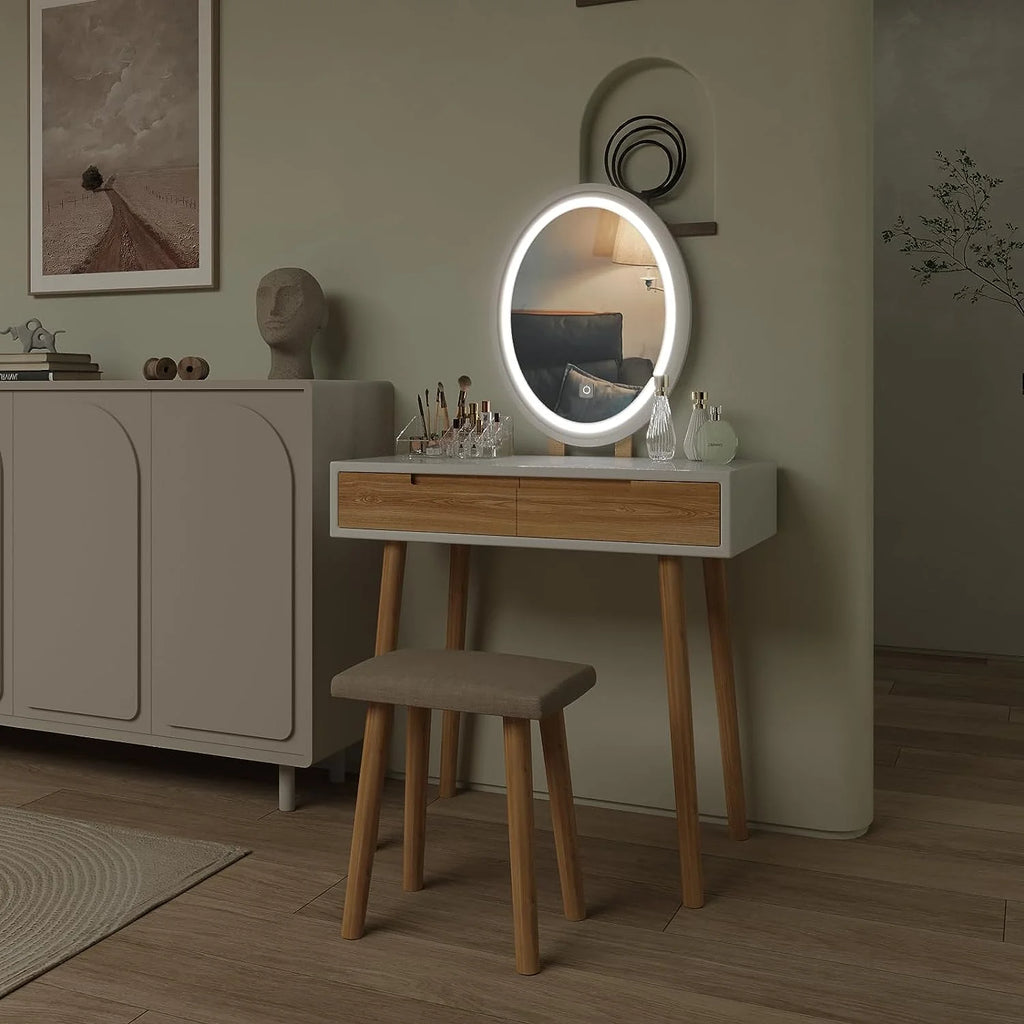 31.5'' Makeup Vanity Desk with Oval Mirror and Stool V814