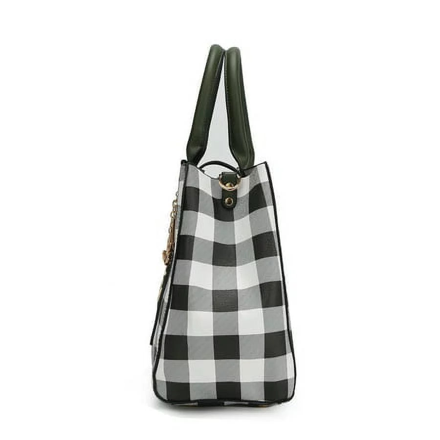 Vegan Leather Checkered Satchel Bag with Wallet 2 Piece Set N73922