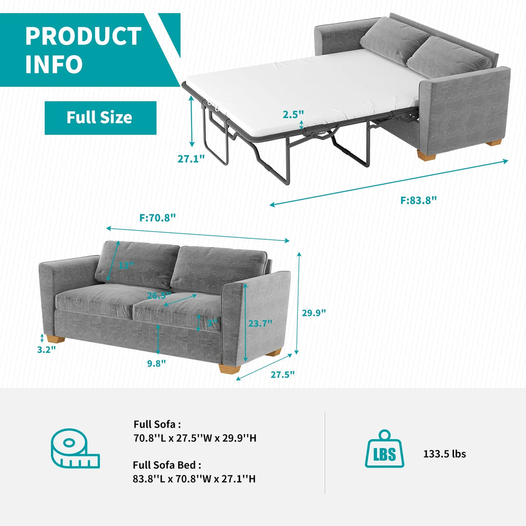Grey Velvet Full Size Pull Out Sofa Bed with Foam Mattress I5427
