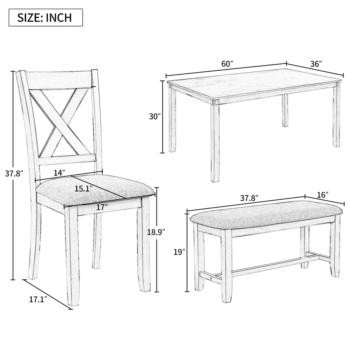 6-Piece Wooden Dining Table Set with 4 Chairs and Bench S80421