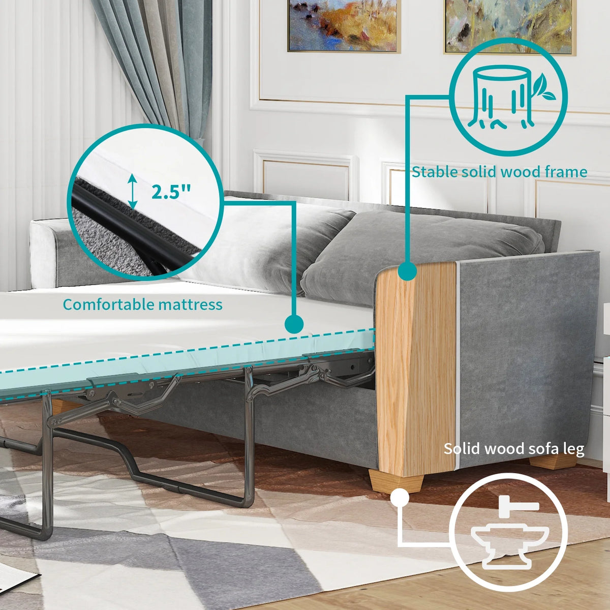 Grey Velvet Full Size Pull Out Sofa Bed with Foam Mattress I5427