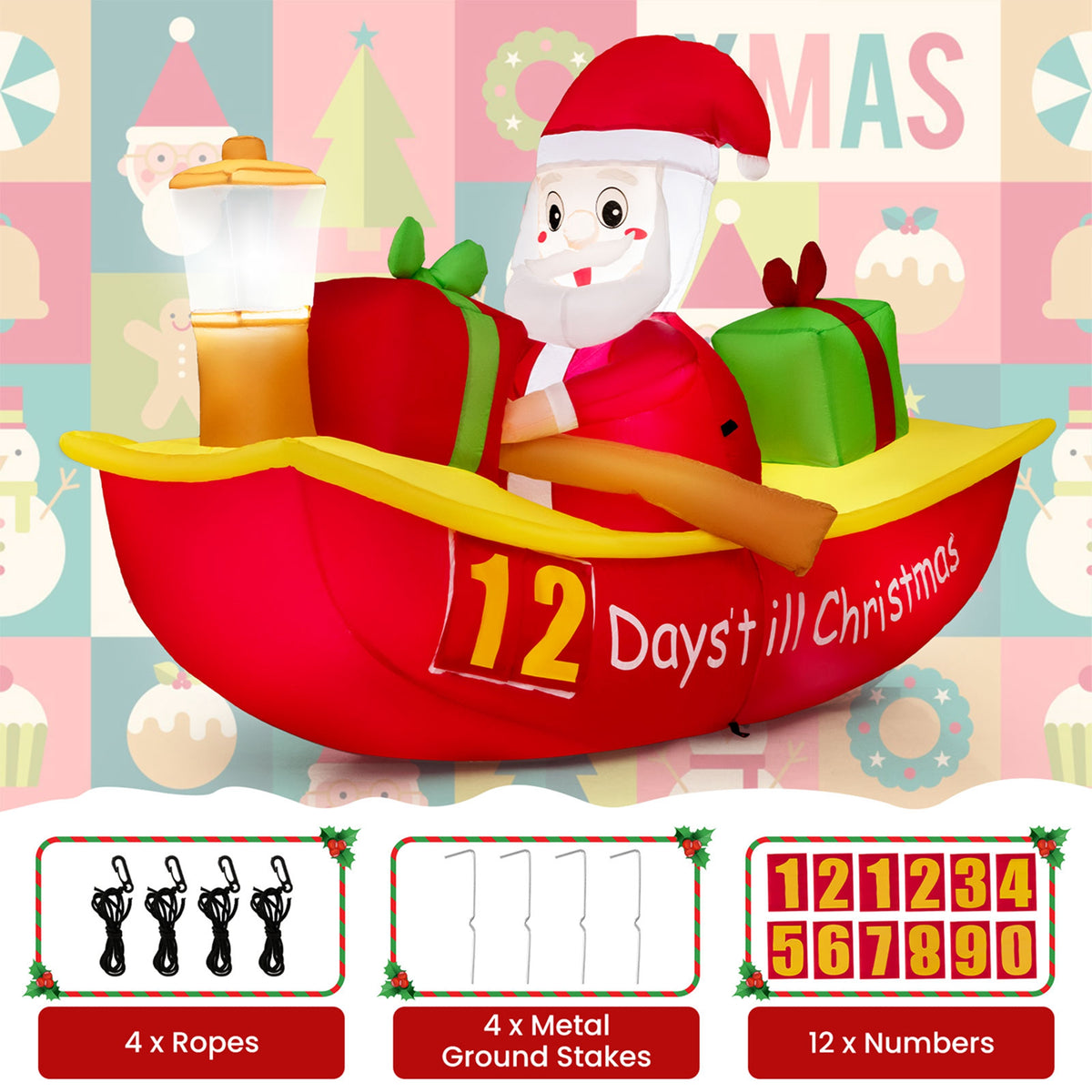 7 FT Christmas Inflatable Santa Claus Rowing Boat with Navigation Light N186860