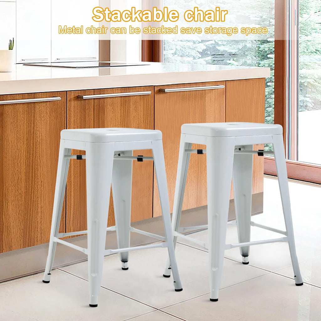 Metal Bar Stools Set of 4, 24 inch White Stackable Backless Counter Height C782876