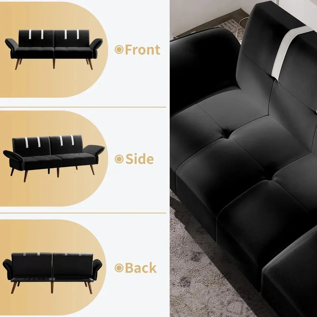 Black Velvet Sofa Bed with Adjustable Armrests P299