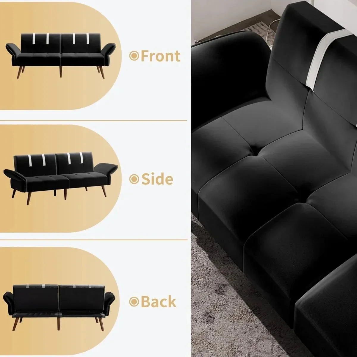 Black Velvet Sofa Bed with Adjustable Armrests P299