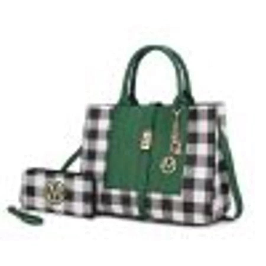 Vegan Leather Checkered Satchel Bag with Wallet 2 Piece Set N73922