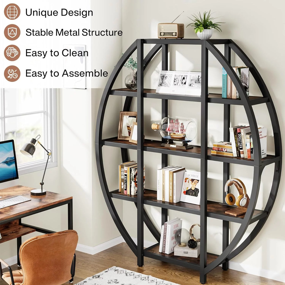 69" Tall 5 Tiers Rustic Brown Bookshelf B7305