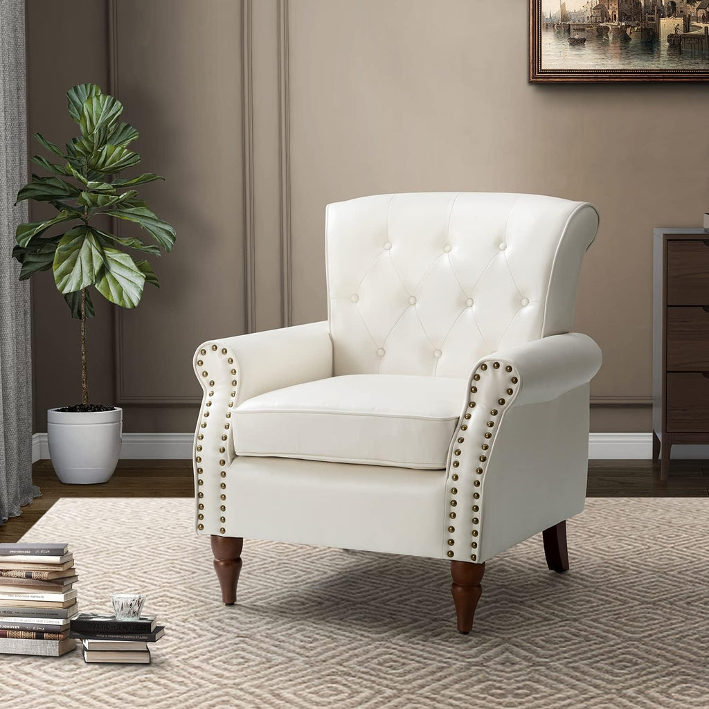 Ivory Faux Leather Accent Chair with Solid Wood Legs Z10207