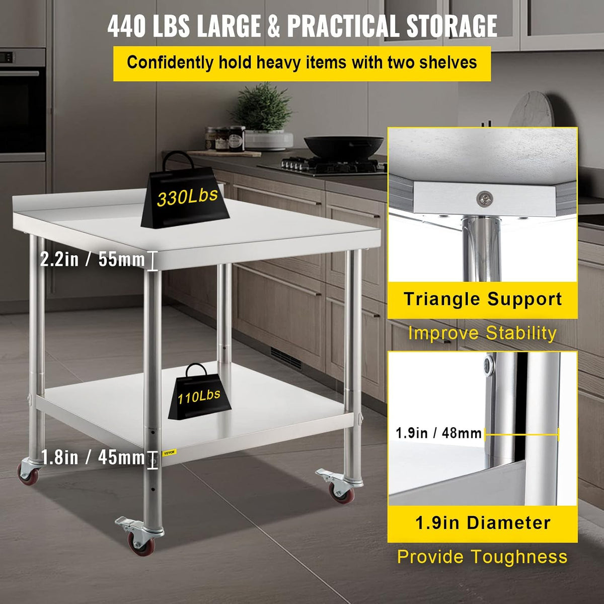 Stainless Steel Prep Table, 30 x 24 x 35 Inch, 440lbs Load Capacity, with Backsplash, Adjustable Undershelf & 4 Casters W632454