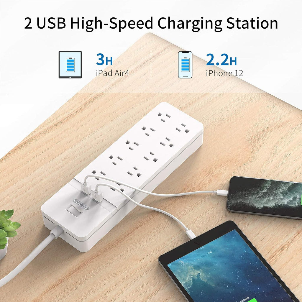 25 Ft Extension Cord Surge Protector with 10 Outlets 2 USB, Pack of 2 T350807