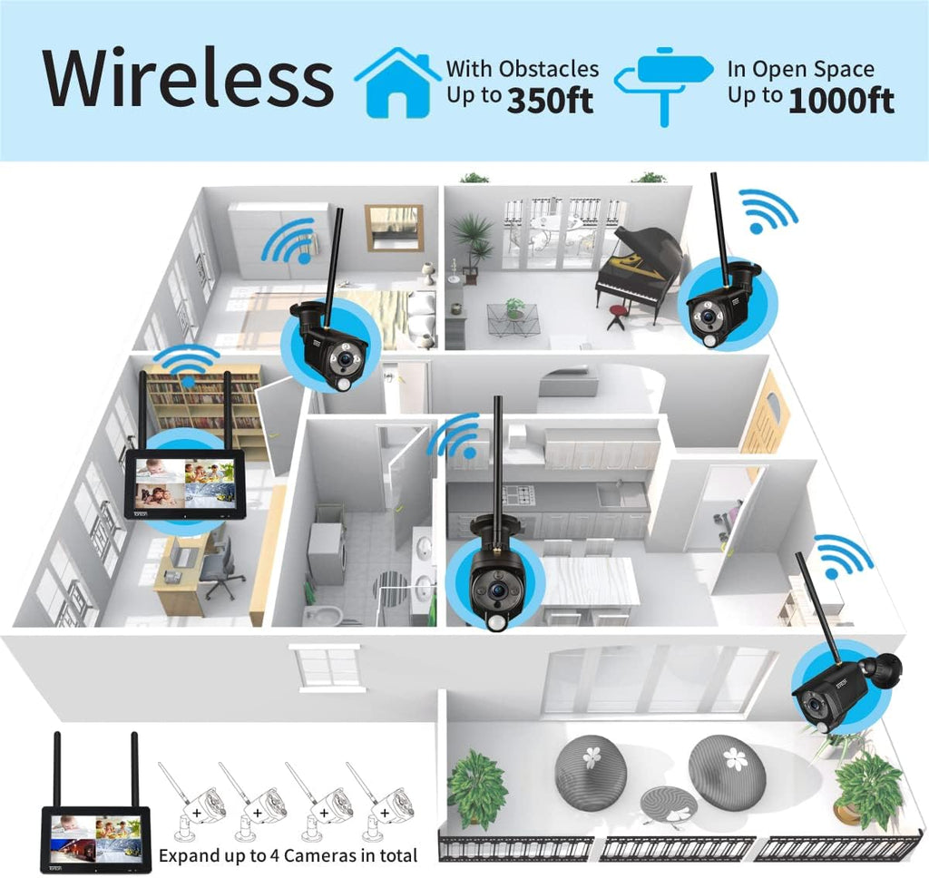Portable LCD Security Camera System Wireless, 7" IPS Touchscreen Monitor with Battery, 4CH NVR and 4PCS 3MP Cameras with PIR Sensor, 32GB SD Card Included N4686