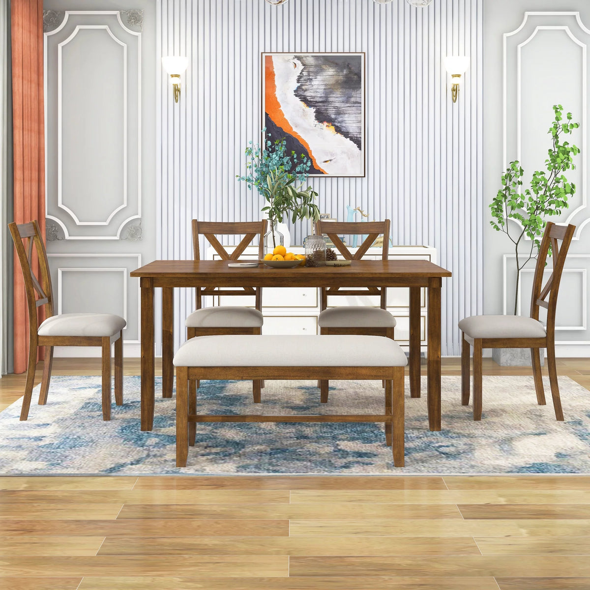 6-Piece Wooden Dining Table Set with 4 Chairs and Bench S80421