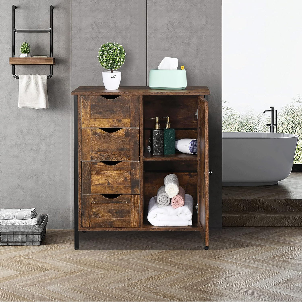 Rustic Brown 4 Drawer 1 Door Wooden Metal Frame Bathroom Floor Cabinet P19450