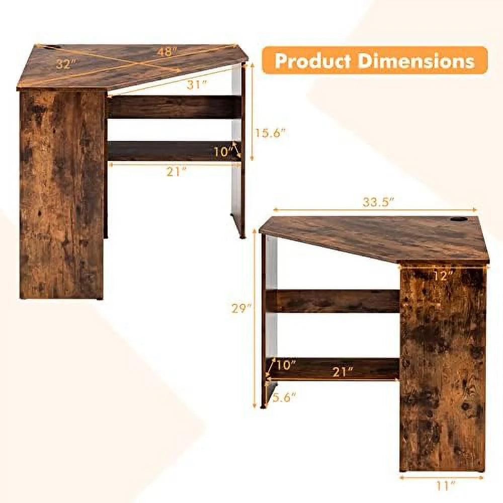 Corner Computer Desk Triangular Writing Desk with 2 Shelves Y49776