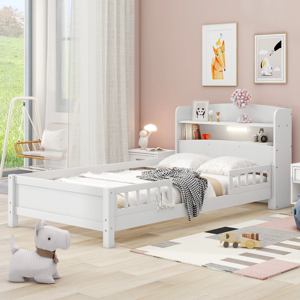Twin Size Wood Platform Bed with Storage Headboard and Guardrail T152416