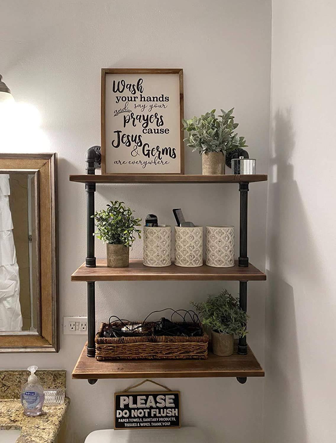 Industrial Pipe Bookcase Wall Shelf, Rustic Floating Wood Shelves 24'' Y3903