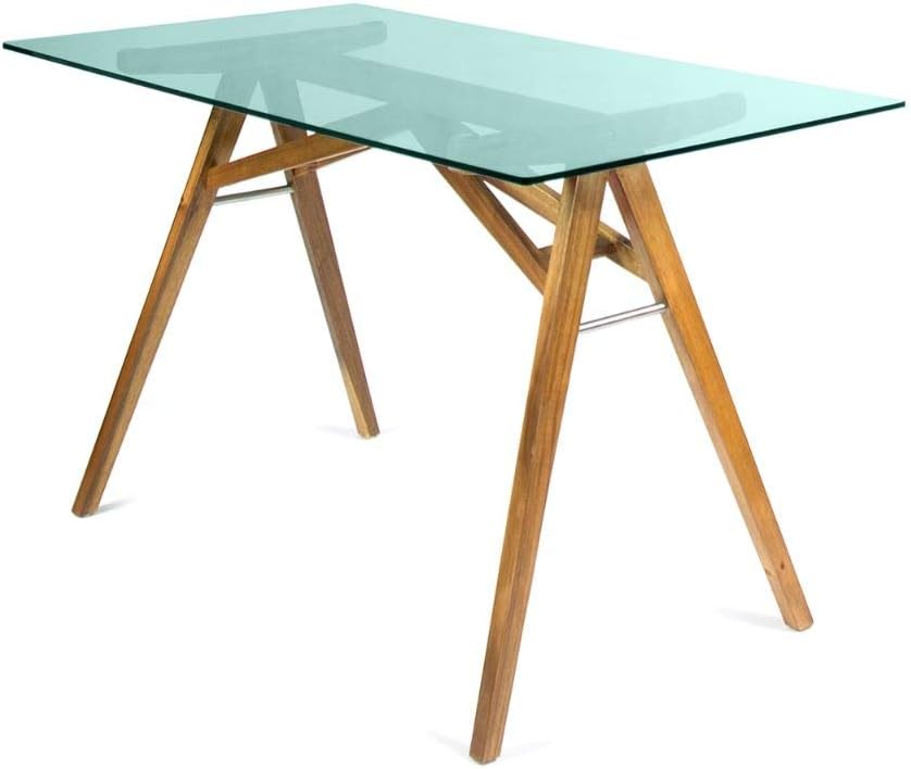 Mid-Century Tempered Glass Desk with Acacia Wood Frame Y870