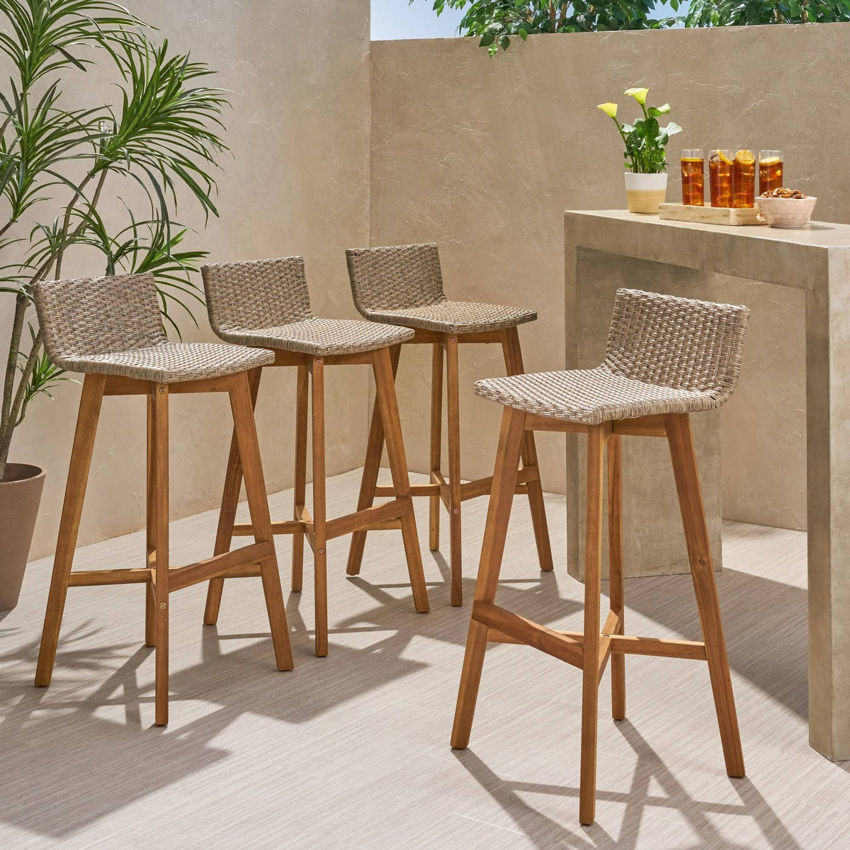 4pk Acacia Wood Wicker Patio Barstools Brown X854
