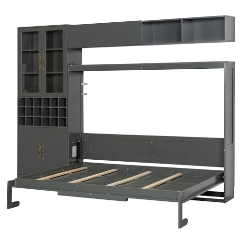 Grey Queen Size Murphy Bed with Sofa and Shelves E688