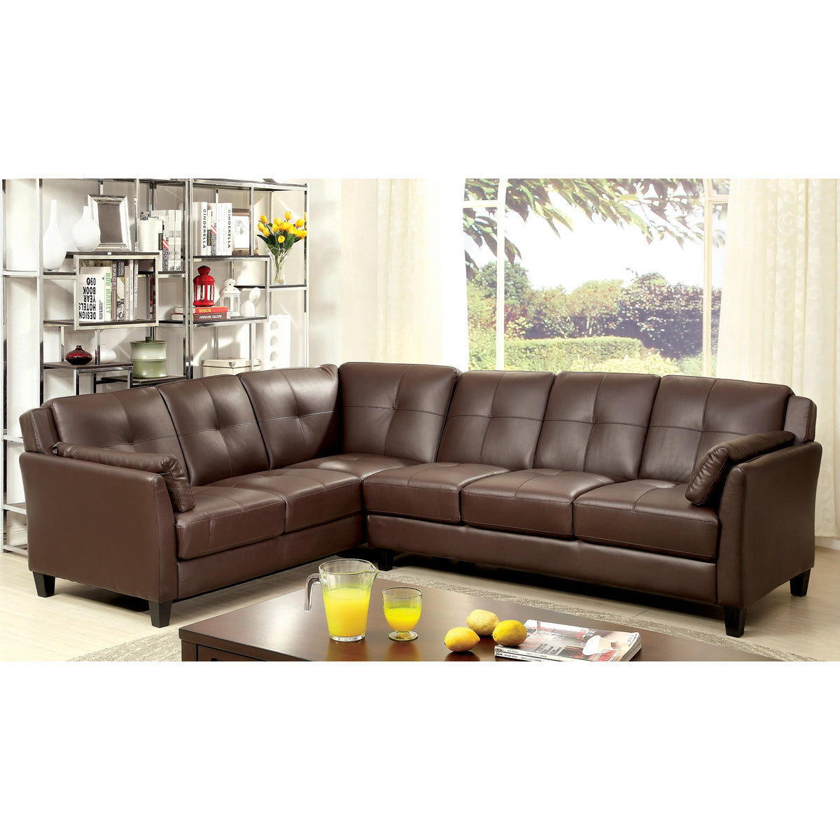 Brown Faux Leather L-Shaped Sectional Sofa S4215