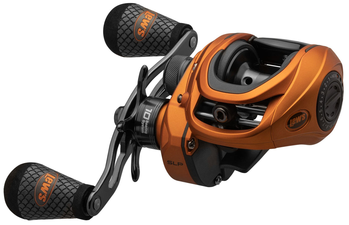 Orange Baitcast Fishing Reel, Right-Hand Retrieve, 7.5:1 Gear Ratio, 10 Bearing System C59607