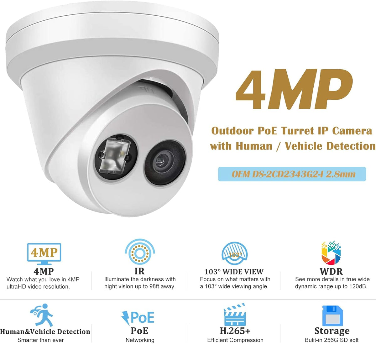 4MP PoE Outdoor Turret IP Camera with 98ft Night Vision, IP67 Waterproof, 256GB Micro SD Storage T9645
