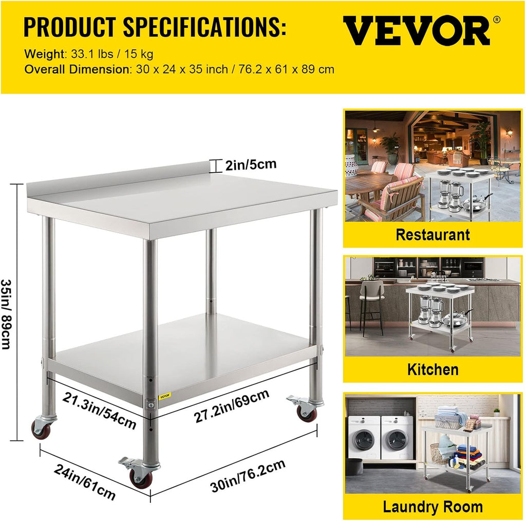 Stainless Steel Prep Table, 30 x 24 x 35 Inch, 440lbs Load Capacity, with Backsplash, Adjustable Undershelf & 4 Casters W632454