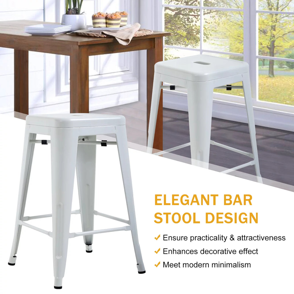 Metal Bar Stools Set of 4, 24 inch White Stackable Backless Counter Height C782876