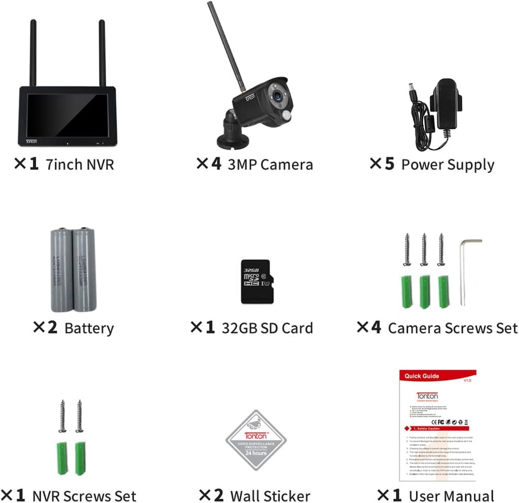 Portable LCD Security Camera System Wireless, 7" IPS Touchscreen Monitor with Battery, 4CH NVR and 4PCS 3MP Cameras with PIR Sensor, 32GB SD Card Included N4686