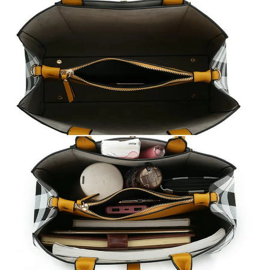 Vegan Leather Checkered Satchel Bag with Wallet 2 Piece Set N73922