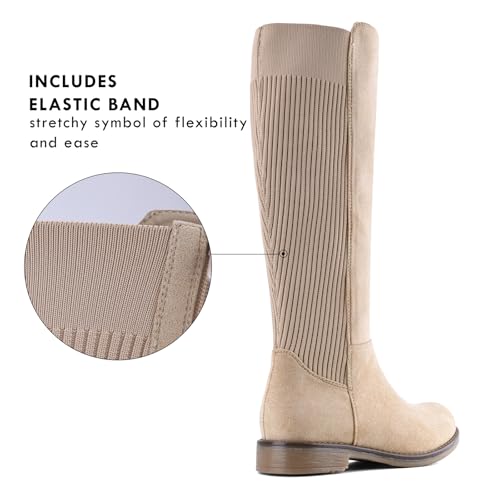Knee High Boots Flat Low Heel Stretchy Round Toe with Side Zipper B976482