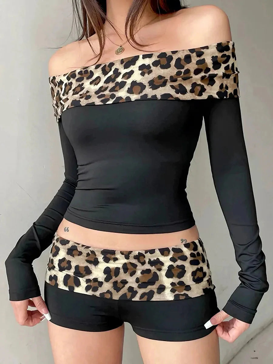 Cheetah Print Off Shoulder 2 Pcs Set C41696