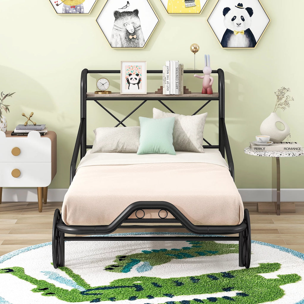 Twin Size Black Metal Car Bed with Guardrails N158860