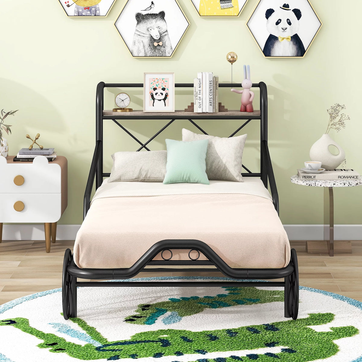 Twin Size Black Metal Car Bed with Guardrails N158860