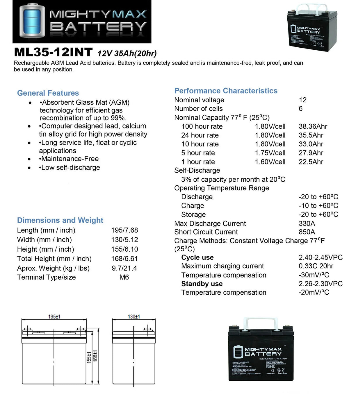 12V 35AH Deep Cycle Battery P378821