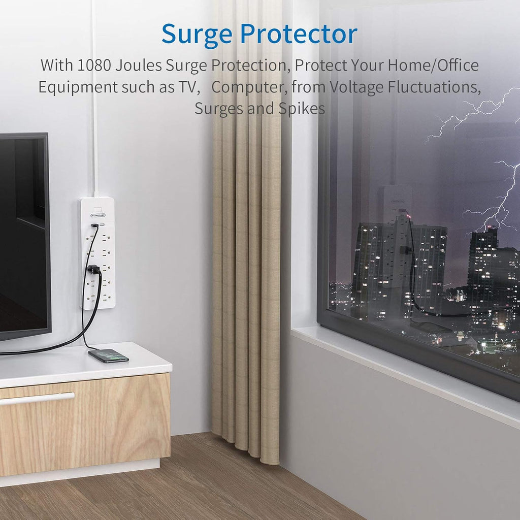 25 Ft Extension Cord Surge Protector with 10 Outlets 2 USB, Pack of 2 T350807