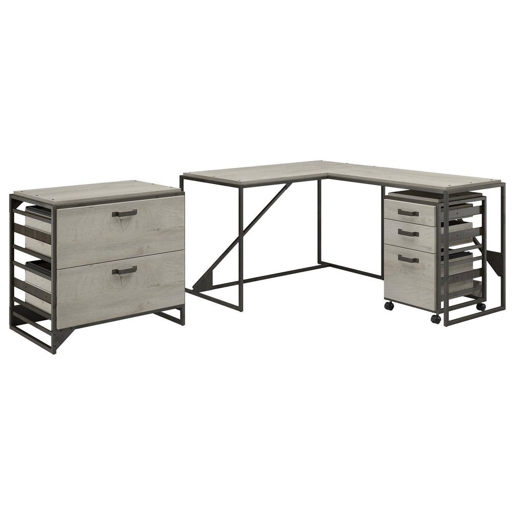 White L Shaped Industrial Desk with File Cabinets F932