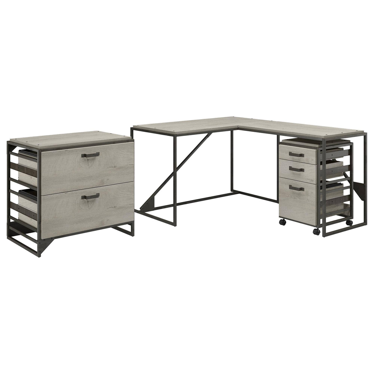 White L Shaped Industrial Desk with File Cabinets F932