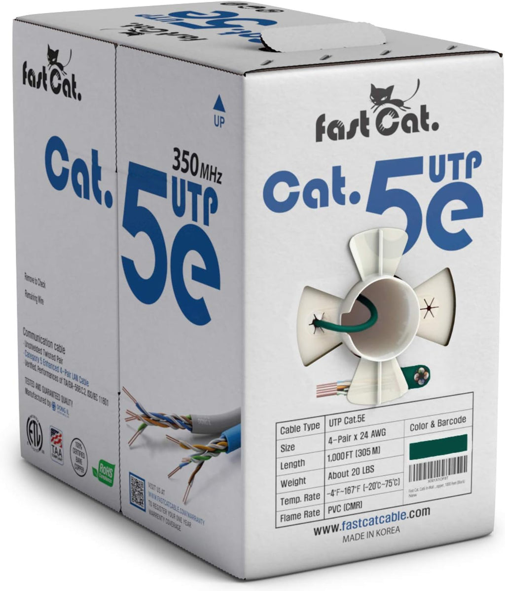 Cat5e Ethernet Cable 1000ft - 24 AWG CMR Insulated Bare Copper Wire UTP LAN Cable S8479