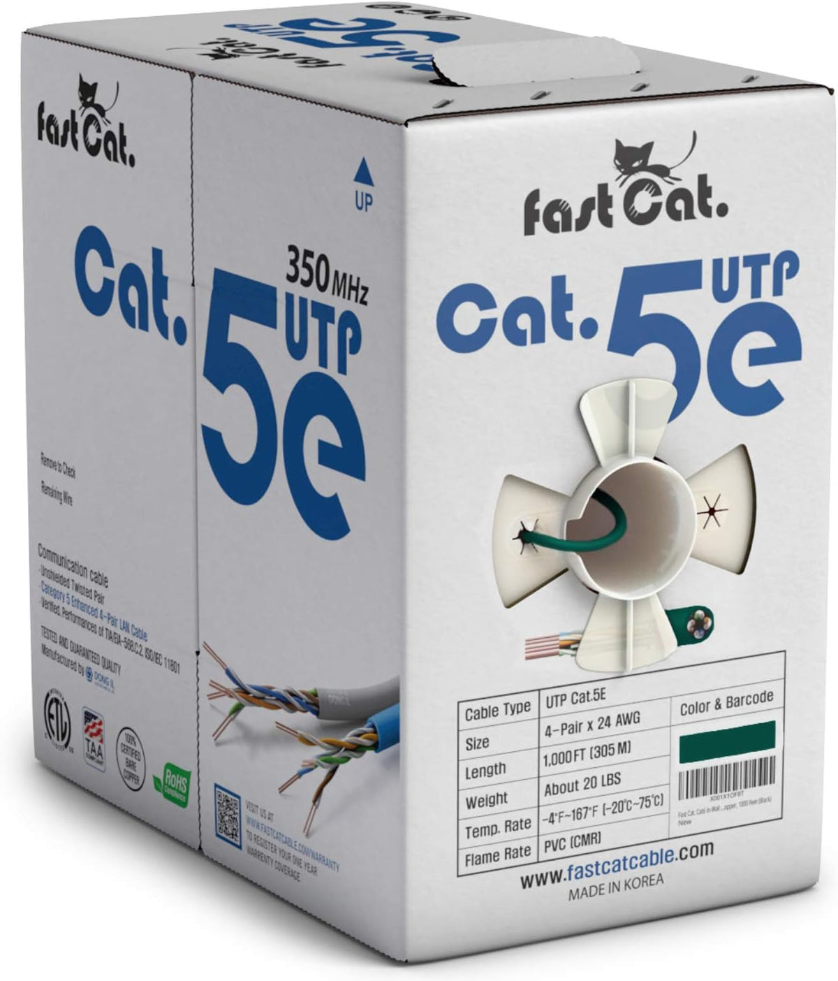 Cat5e Ethernet Cable 1000ft - 24 AWG CMR Insulated Bare Copper Wire UTP LAN Cable S8479
