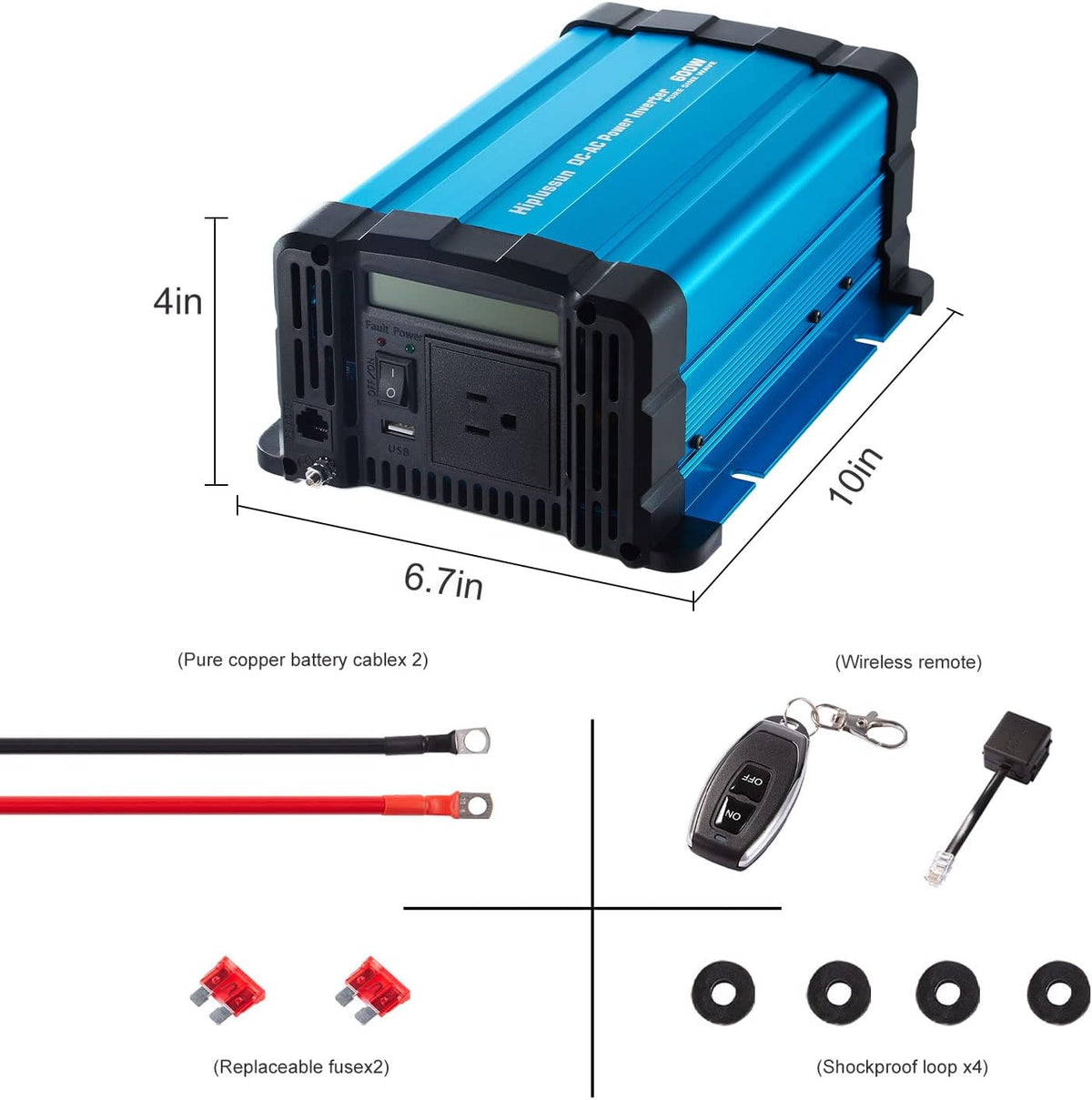 600 Watt Pure Sine Wave Power Inverter 12v to 110v DC to AC with USB and AC Outlet Z5882