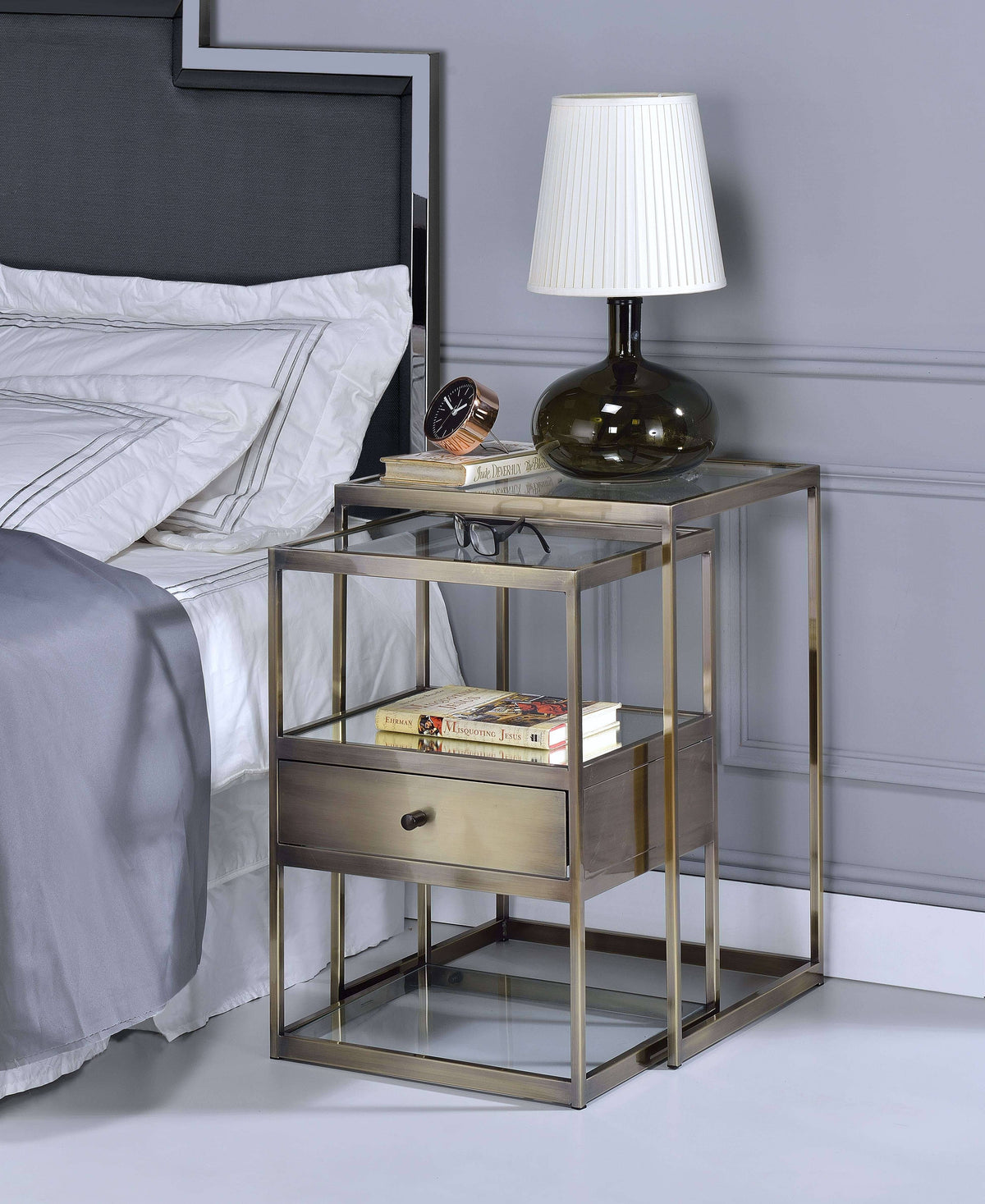 2 Piece Nesting Tables Set Antique Brass Clear Glass J4008
