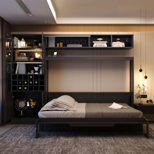 Grey Queen Size Murphy Bed with Sofa and Shelves E688