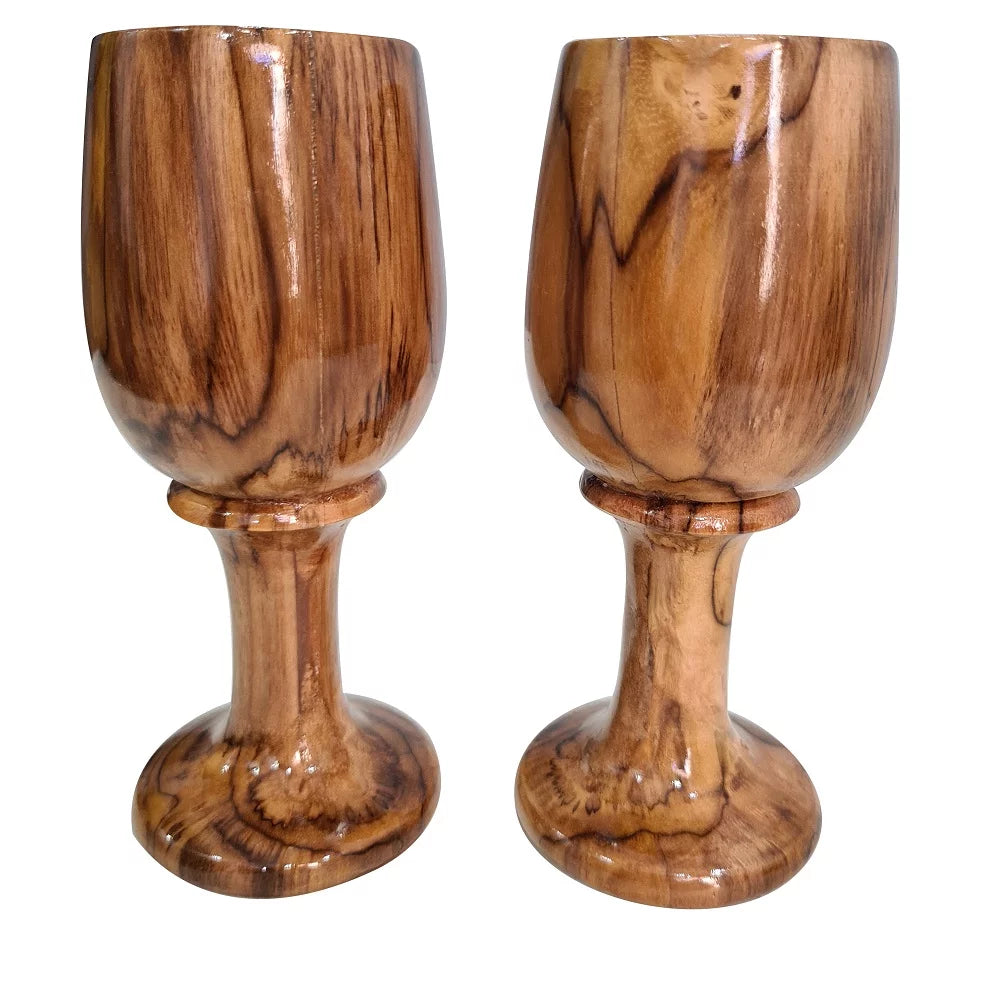 Rustic Dark Brown Wooden Wine Glass Goblet Drinkware Cup Set of 2 B810029