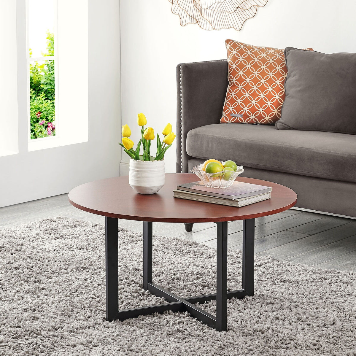 32-inch Modern Round Coffee Table with Wood Top X446