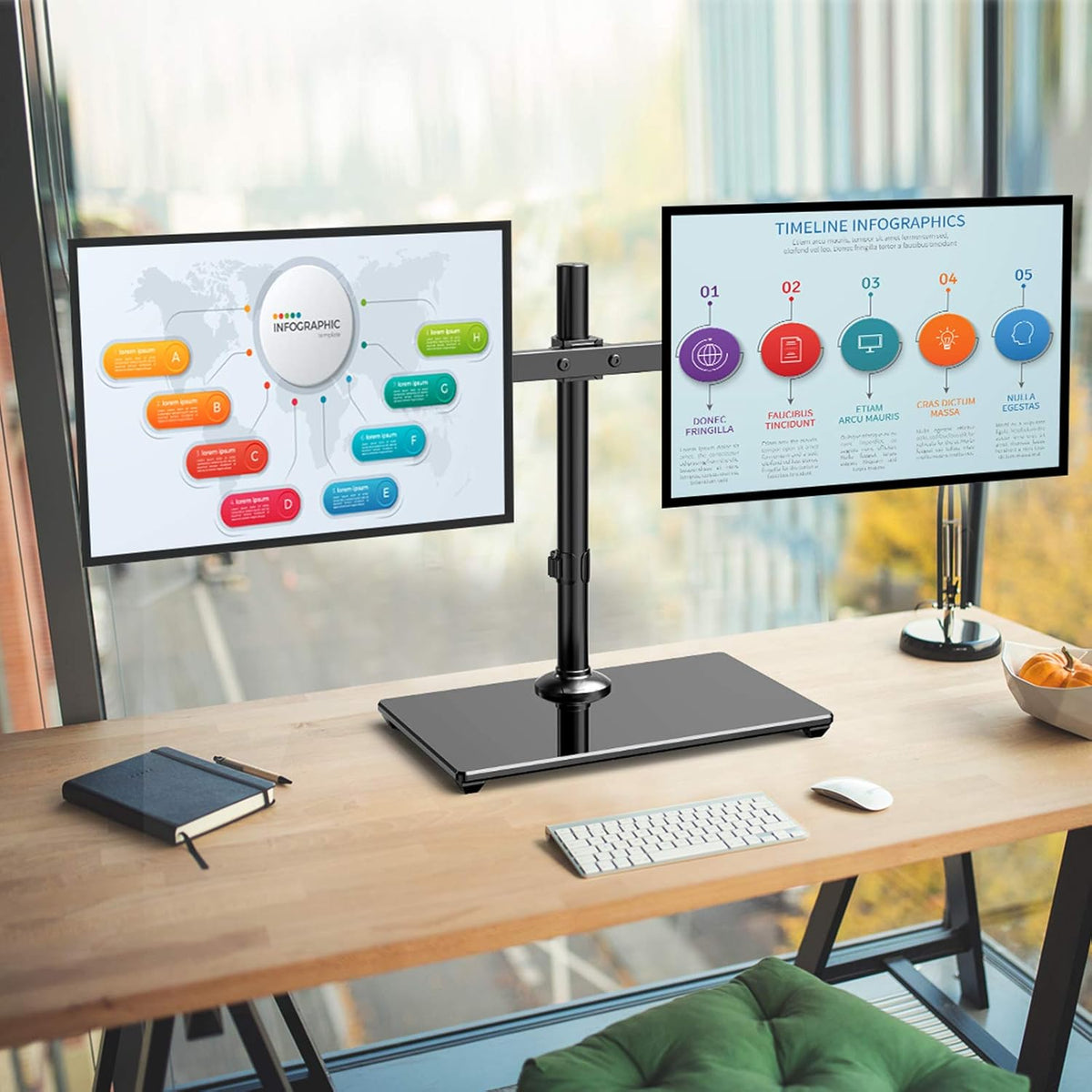 Dual Monitor Stand with Glass Base, Height Adjustable Two Arm Monitor Mount, Heavy Duty, Pack of 2 H22079