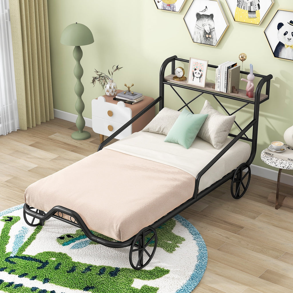 Twin Size Black Metal Car Bed with Guardrails N158860