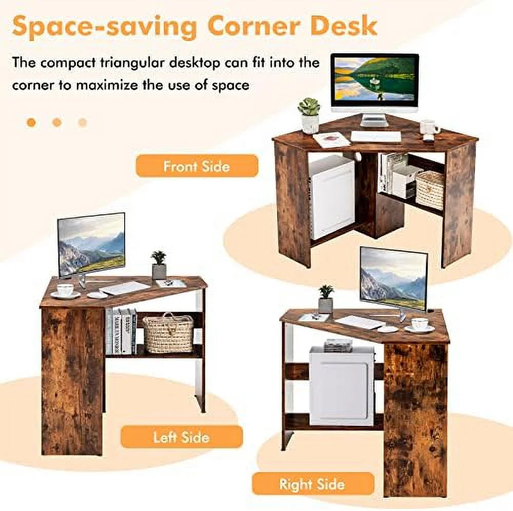 Corner Computer Desk Triangular Writing Desk with 2 Shelves Y49776
