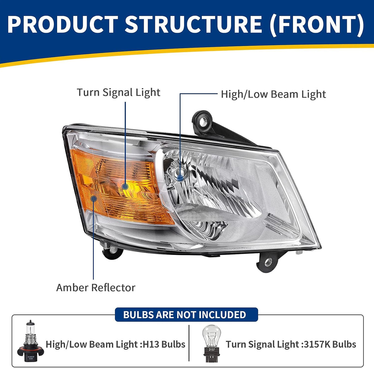 Chrome Housing Amber Reflector Clear Lens Headlight Assembly T76831